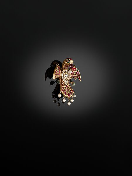 Bird-Shaped Pendant, Gold, inlaid with diamonds, rubies, and emeralds, with hanging seed pearls; lac core 