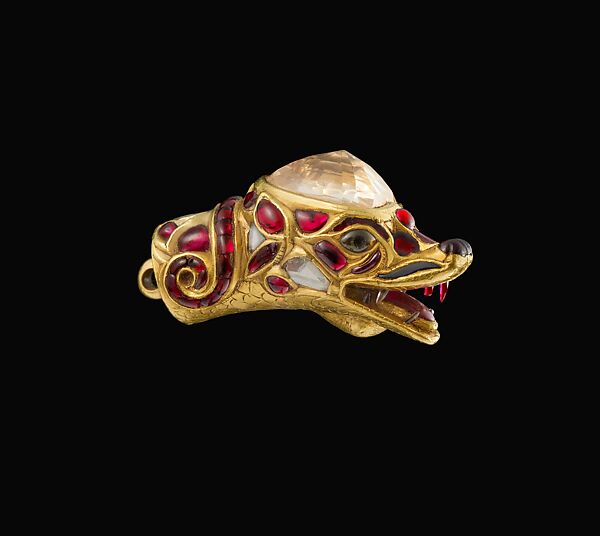 Ornament in the Shape of a Makara Head, Gold; inlaid with diamonds, rubies, and yellow sapphire 