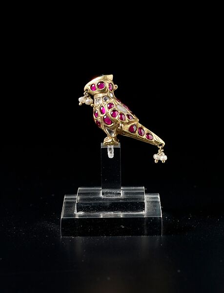 Bird-Shaped Ornament or Finial, Gold, inlaid with diamonds, rubies, and emerald, with hanging seed pearls; lac core 