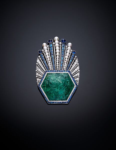 Aigrette, Paul Iribe (French, Angoulême 1883–1935 Roquebrune-Cap-Martin), Platinum, set with emerald, sapphires, diamonds, and pearls 