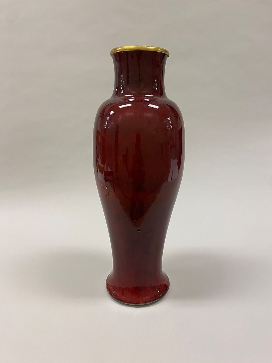 Vase, Porcelain with ox-blood red glaze (Jingdezhen ware), gilt bronze mouth rim, China 