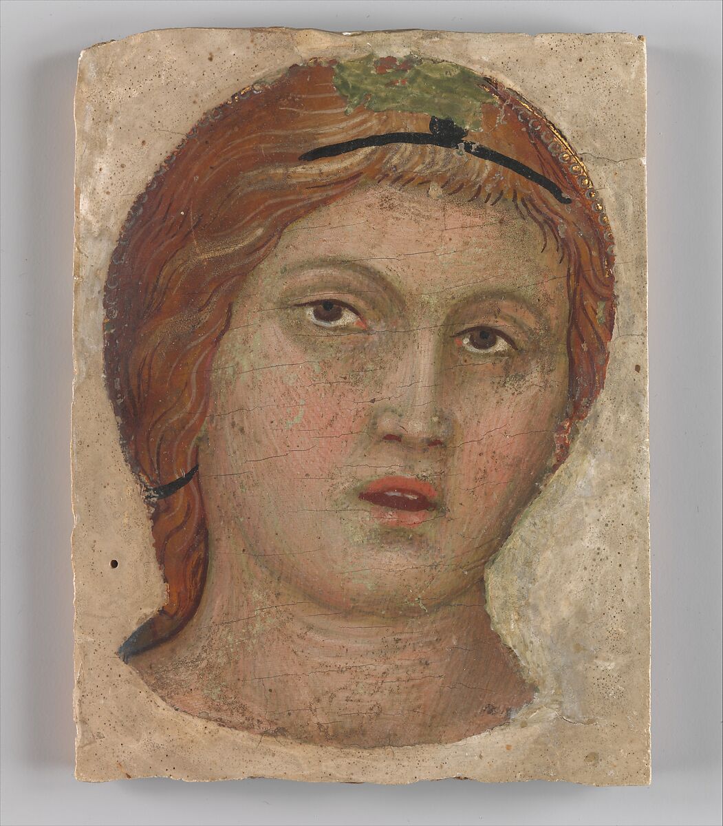 Head of an Angel in Full Face, Taddeo di Bartolo (Italian, Siena ca. 1362–1422 Siena), Tempera on wood (paint around head scraped away and vacant area gessoed) 