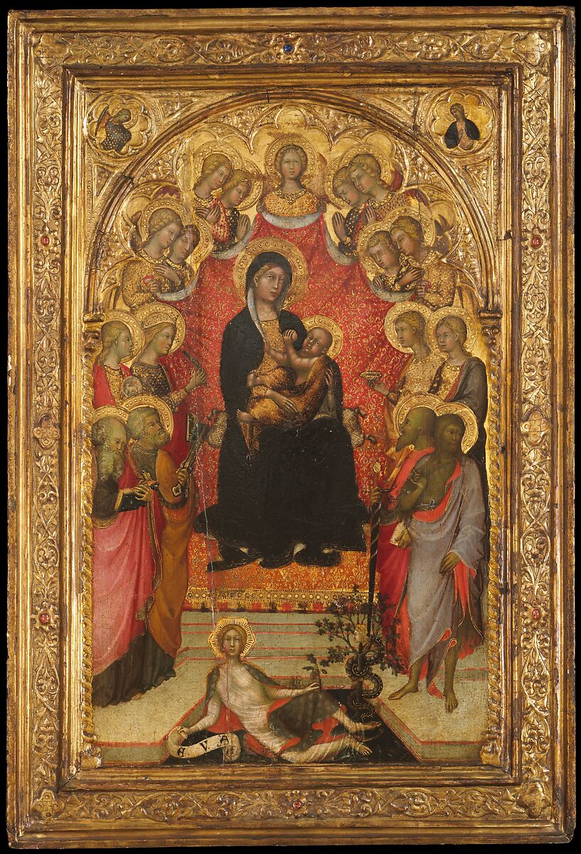 Madonna and Child Enthroned with Saint John the Evangelist, Saint Peter, Saint Agnes, Saint Catherine of Alexandria, Saint Lucy, an Unidentified Female Saint, Saint Paul, and Saint John the Baptist, with Eve and the Serpent; the Annunciation, Paolo di Giovanni Fei (Italian, San Quirico, active by 1369–died 1411), Tempera on wood, gold ground 