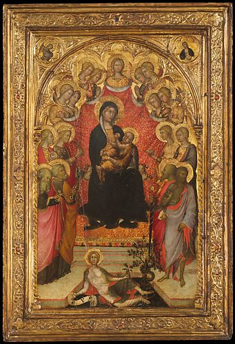 Madonna and Child Enthroned with Saint John the Evangelist, Saint Peter, Saint Agnes, Saint Catherine of Alexandria, Saint Lucy, an Unidentified Female Saint, Saint Paul, and Saint John the Baptist, with Eve and the Serpent; the Annunciation