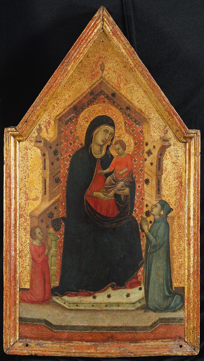 Madonna and Child Enthroned with Two Donors, Goodhart Ducciesque Master (Italian, Siena, active ca. 1315–30), Tempera on wood, gold ground 