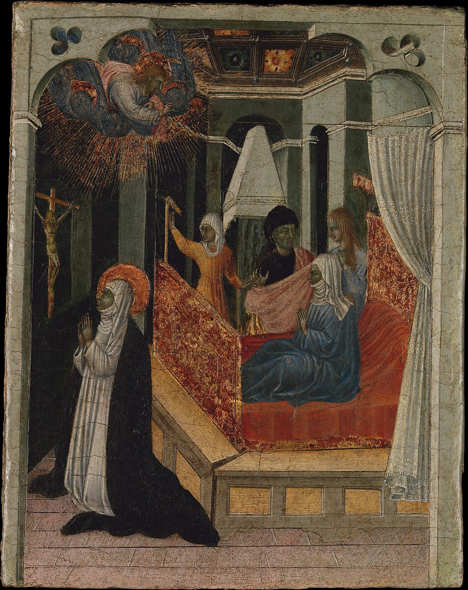 Saint Catherine of Siena Beseeching Christ to Resuscitate Her Mother, Giovanni di Paolo (Giovanni di Paolo di Grazia) (Italian, Siena 1398–1482 Siena), Tempera and gold on wood 