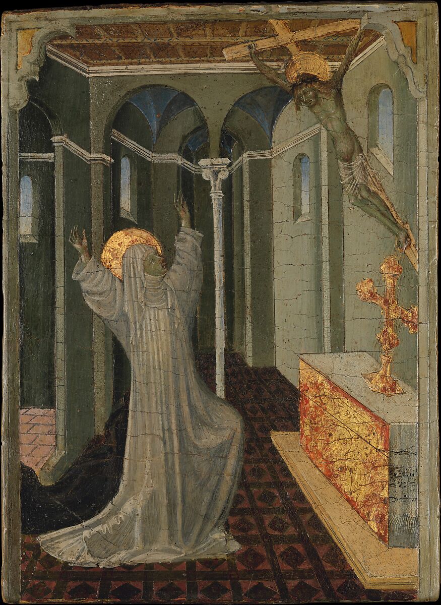 Saint Catherine of Siena Receiving the Stigmata, Giovanni di Paolo (Giovanni di Paolo di Grazia) (Italian, Siena 1398–1482 Siena), Tempera and gold on wood 