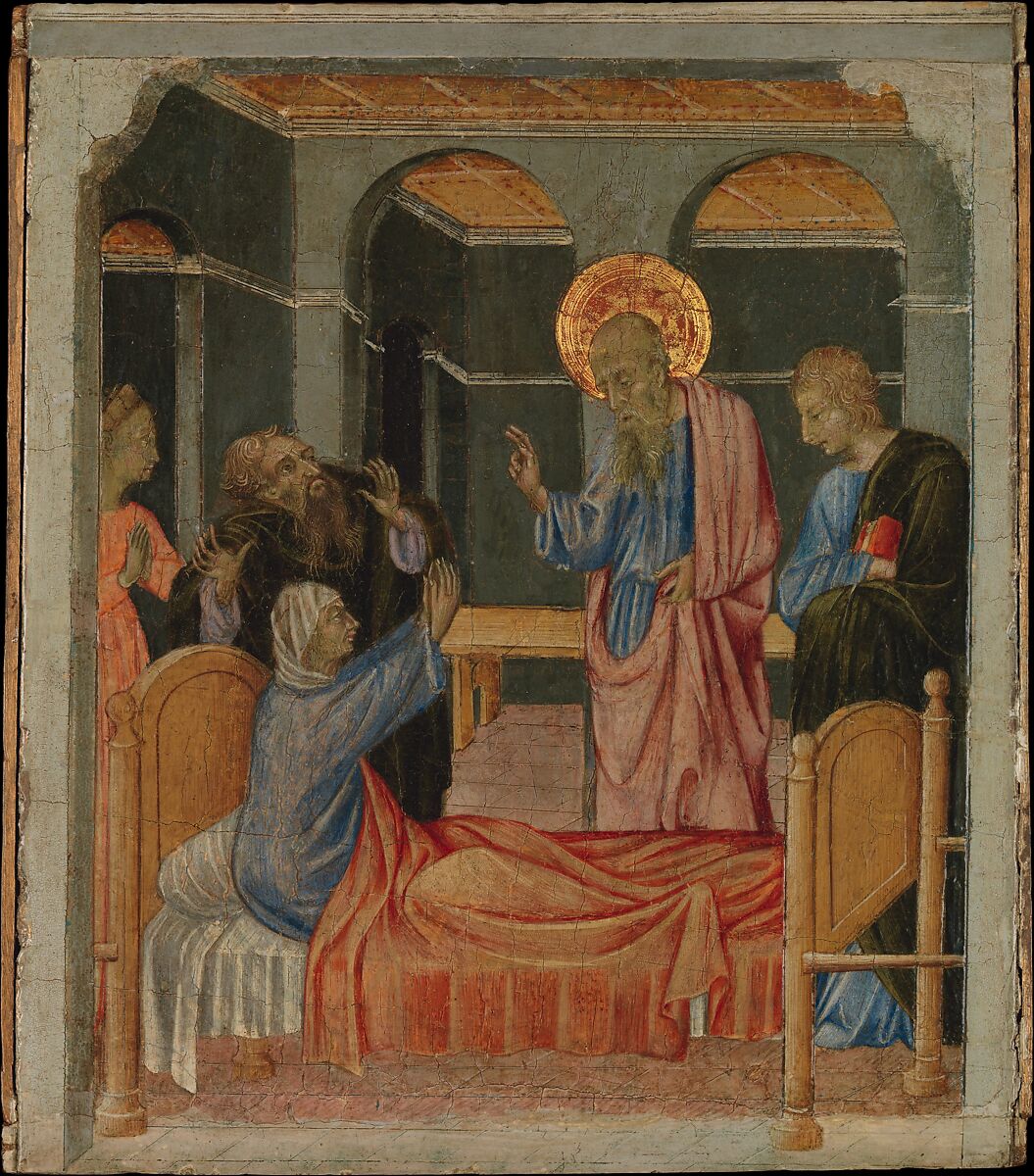 Saint John the Evangelist Raises Drusiana, Giovanni di Paolo (Giovanni di Paolo di Grazia) (Italian, Siena 1398–1482 Siena), Tempera and gold on wood 