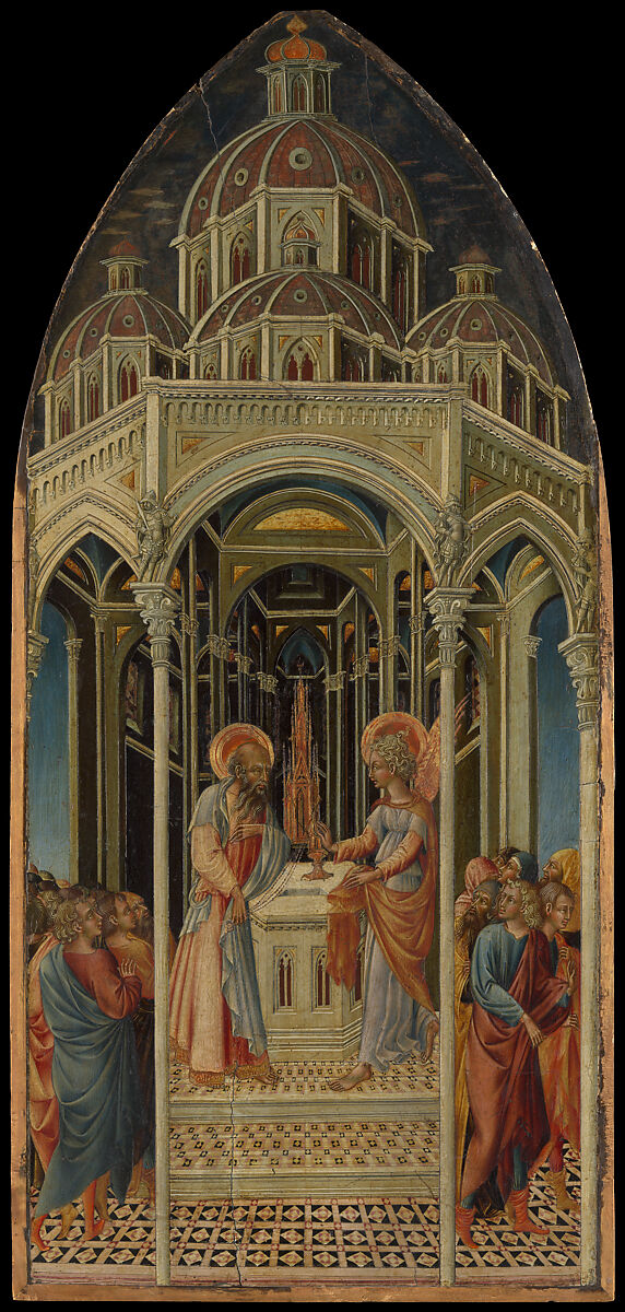 The Annunciation to Zacharias; (verso) The Angel of the Annunciation, Giovanni di Paolo (Giovanni di Paolo di Grazia)  Italian, Tempera and gold on wood