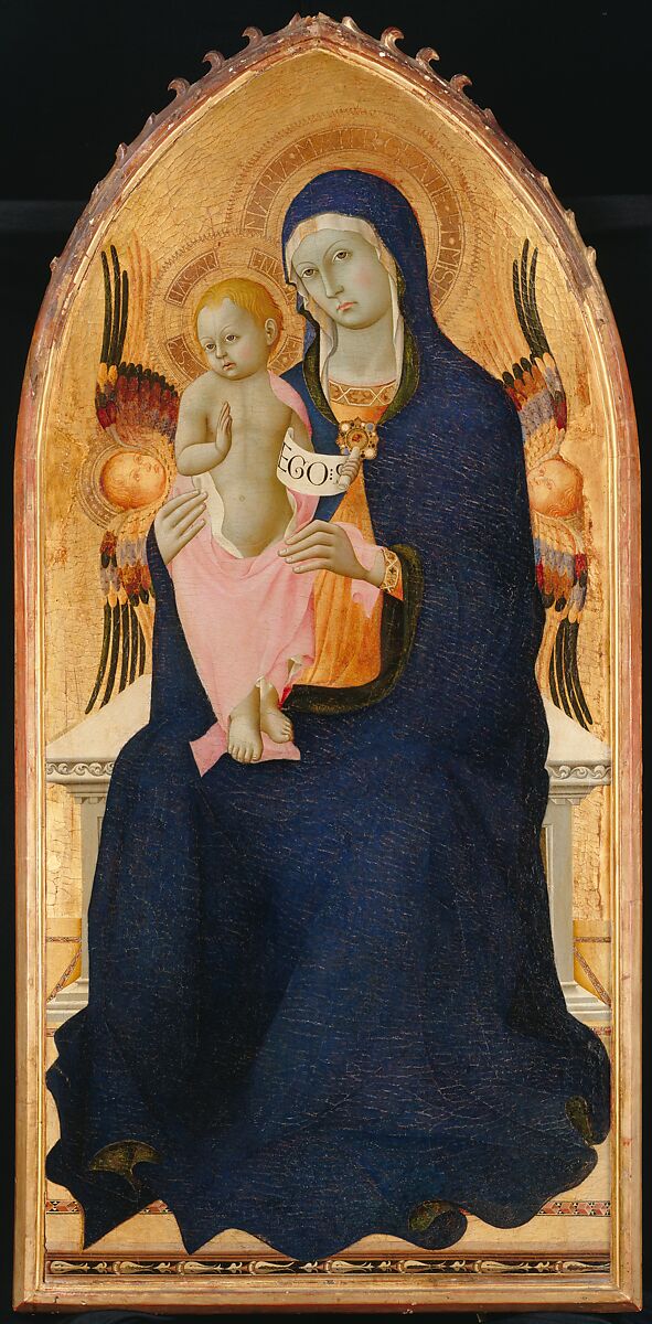 Madonna and Child Enthroned with Two Cherubim, Osservanza Master (Italian, Siena, active second quarter 15th century), Tempera on wood, gold ground, Italian, Siena 