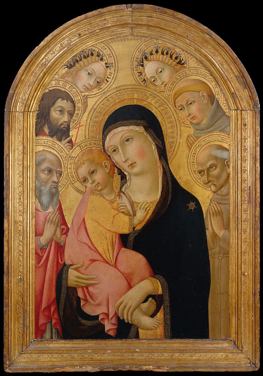 Madonna and Child with Saints Jerome, Bernardino, John the Baptist, and Anthony of Padua and Two Angels, Sano di Pietro (Ansano di Pietro di Mencio) (Italian, Siena 1405–1481 Siena), Tempera on wood, gold ground 