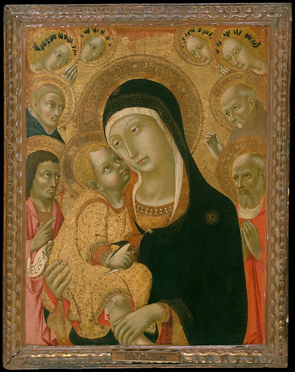 Madonna and Child with Saints John the Baptist, Jerome, Peter Martyr, and Bernardino and Four Angels, Sano di Pietro (Ansano di Pietro di Mencio)  Italian, Tempera on wood, gold ground