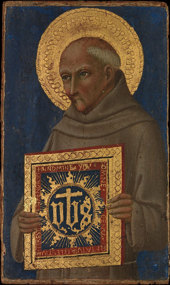 Saint Bernardino, Workshop of Sano di Pietro (Ansano di Pietro di Mencio) (Italian, Siena 1405–1481 Siena), Tempera and gold on wood (panel: 20 mm thick with vertical grain; cut along all four sides) 