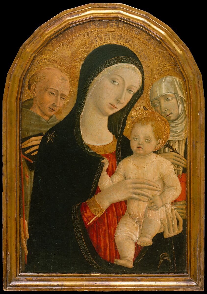 Madonna and Child with Saints Francis and Catherine of Siena, Matteo di Giovanni di Bartolo (Italian, Siena ca. 1430–1497 Siena), Tempera on wood, gold ground 