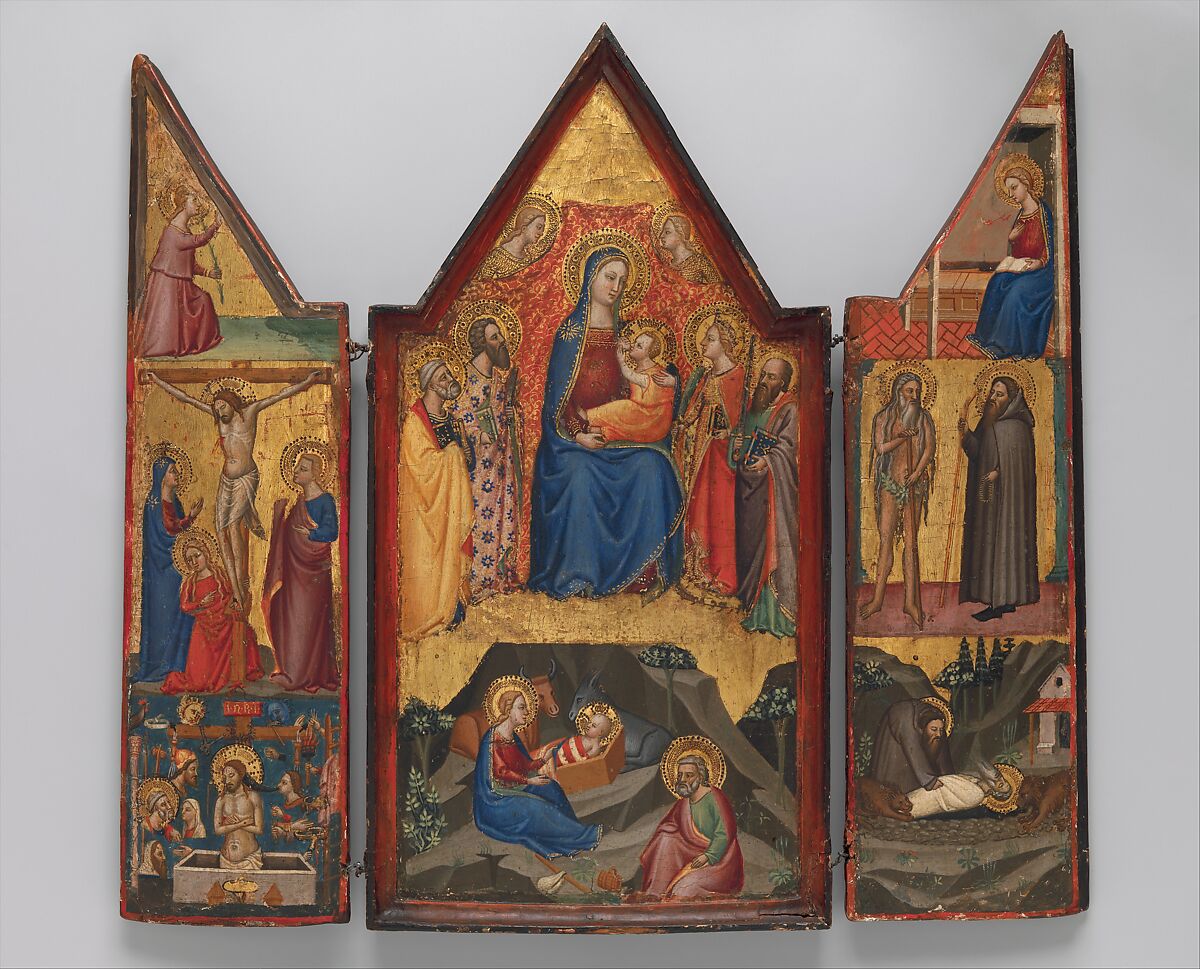 Madonna and Child Enthroned with Saints Peter, Bartholomew, Catherine of Alexandria, and Paul, and (below) the Nativity; left wing (top to bottom): Annunciatory Angel, Crucified Christ with the Virgin, Saints Mary Magdalen and John, and Christ as the Man of Sorrows; right wing (top to bottom): Virgin Annunciate, Saints Onophrius and Paphnutius, and Saint Onophrius Buried by Saint Paphnutius., Matteo di Pacino (documented 1359–1394), Tempera on wood, gold ground, Italian 