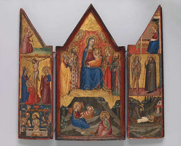 Madonna and Child Enthroned with Saints Peter, Bartholomew, Catherine of Alexandria, and Paul, and (below) the Nativity; left wing (top to bottom): Annunciatory Angel, Crucified Christ with the Virgin, Saints Mary Magdalen and John, and Christ as the Man of Sorrows; right wing (top to bottom): Virgin Annunciate, Saints Onophrius and Paphnutius, and Saint Onophrius Buried by Saint Paphnutius.