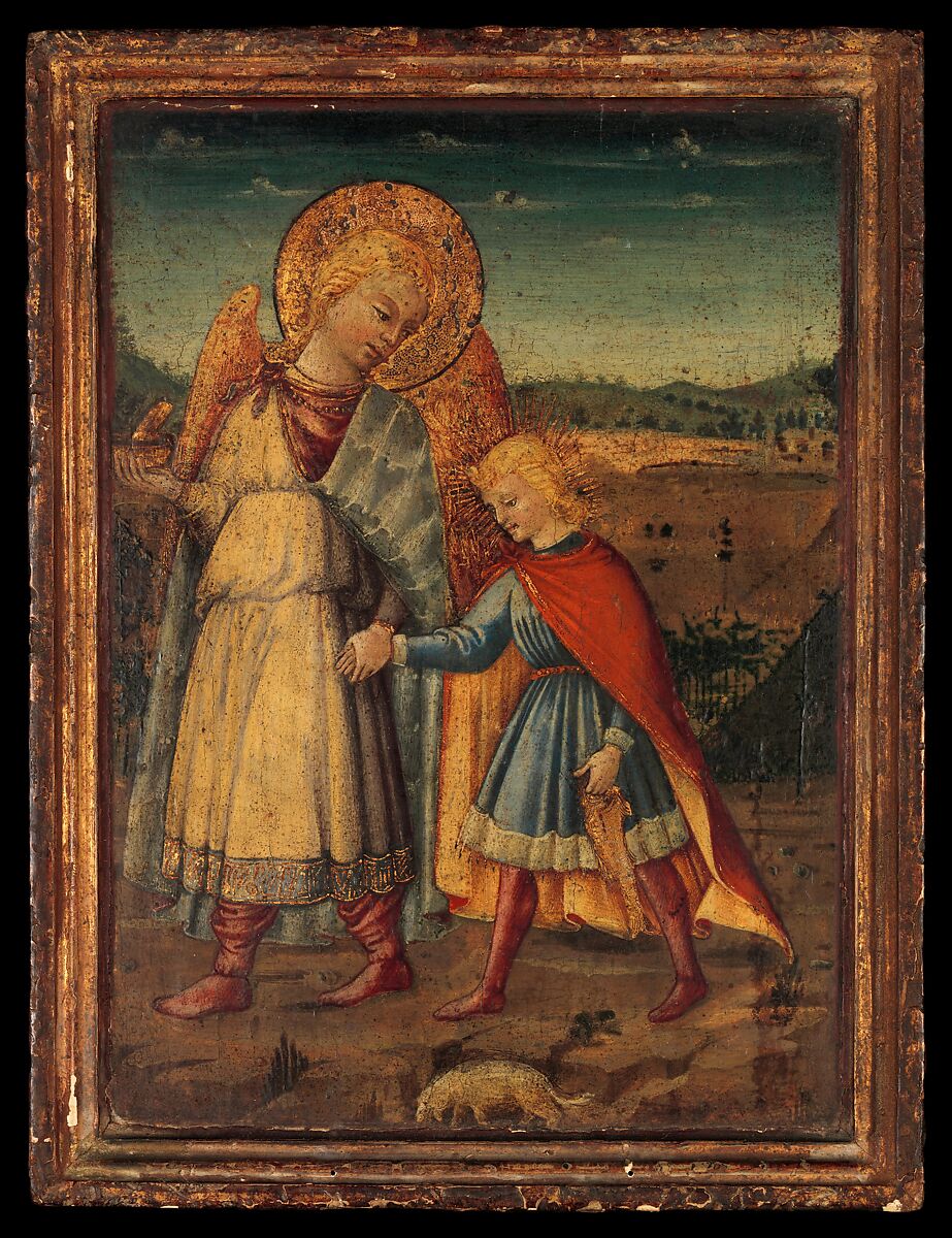 The Archangel Raphael and Tobias, Workshop of Neri di Bicci (Italian, Florence 1419–1491 Florence), Tempera and gold on wood 