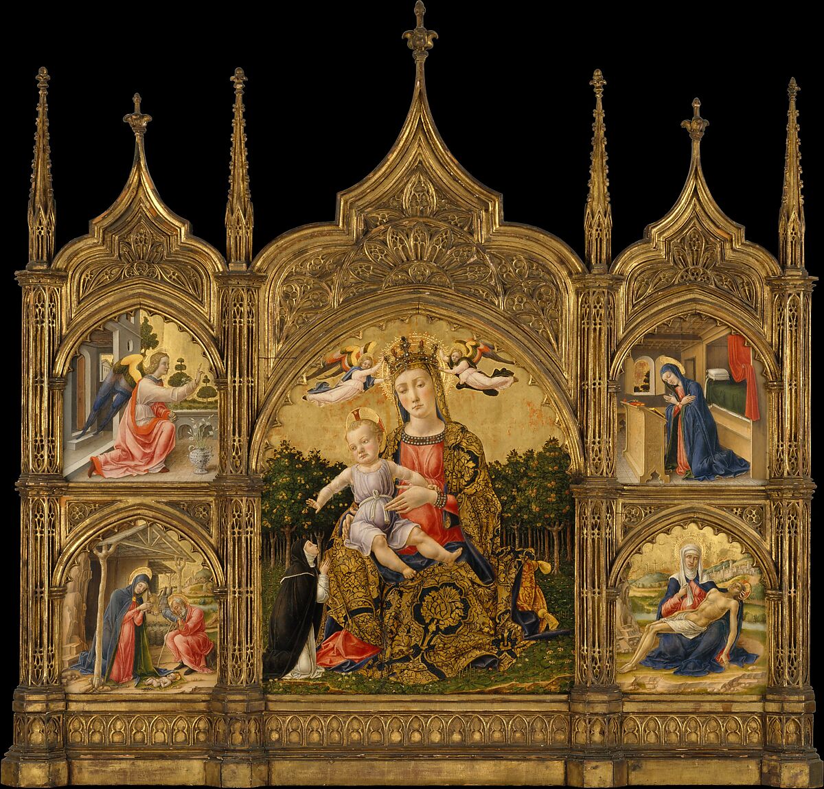 The Madonna of Humility, the Annunciation, the Nativity, and the Pietà, Bartolomeo Vivarini (Italian, active Venice 1450–91), Tempera and gold on wood 