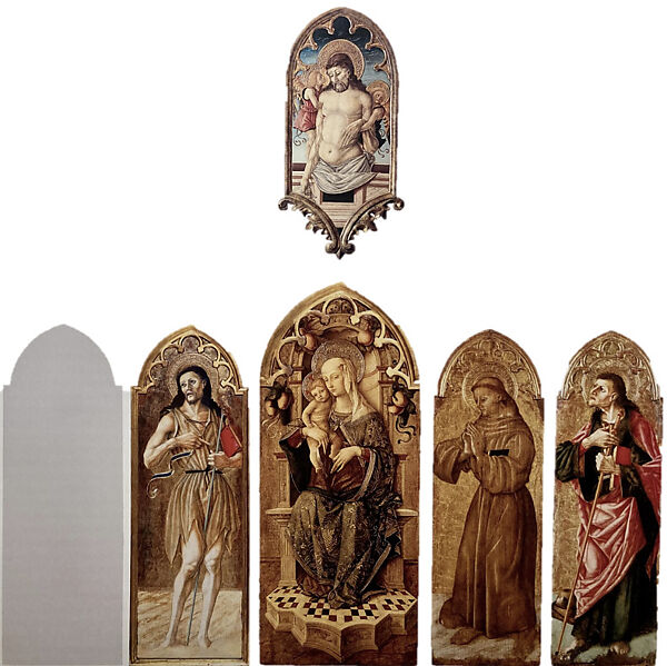 Madonna and Child Enthroned, Nicola di Maestro Antonio d'Ancona (Italian, Marchigian, active by 1472–died 1510/11), Tempera on wood, gold ground