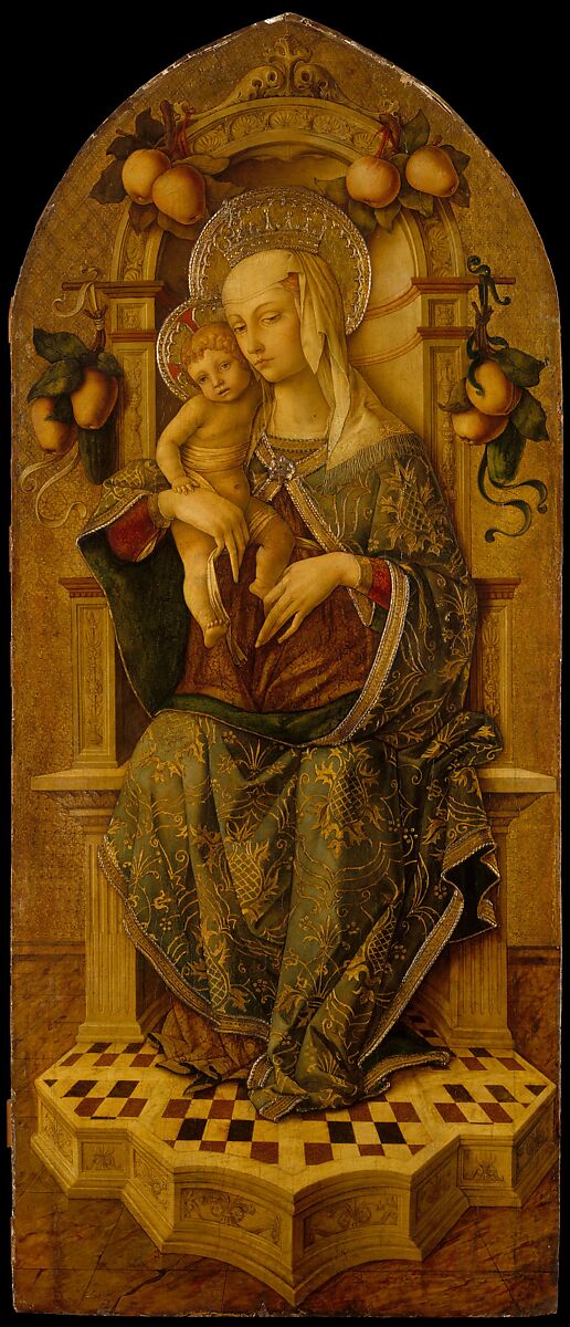 Madonna and Child Enthroned, Nicola di Maestro Antonio (Italian (active Ancona), 1472–1510) (?), Tempera on wood, gold ground 