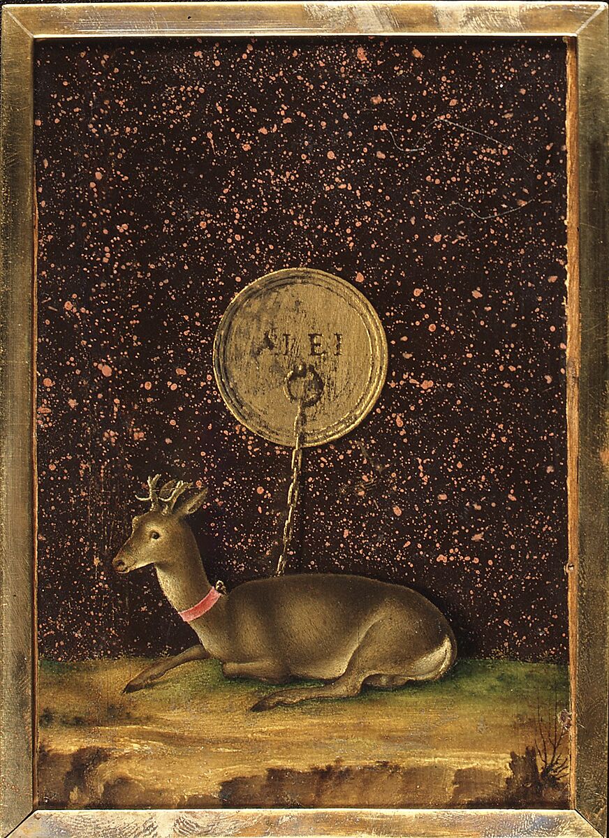 Portrait of Alvise Contarini(?); (verso) A Tethered Roebuck, Jacometto (Jacometto Veneziano) (Italian, active Venice by ca. 1472–died before 1498), Oil on wood; verso: oil and gold on wood