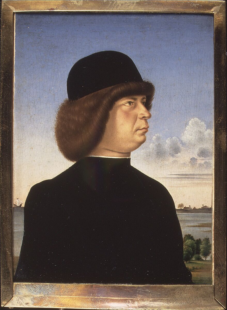 Portrait of Alvise Contarini(?); (verso) A Tethered Roebuck, Jacometto (Jacometto Veneziano) (Italian, active Venice by ca. 1472–died before 1498), Oil on wood; verso: oil and gold on wood