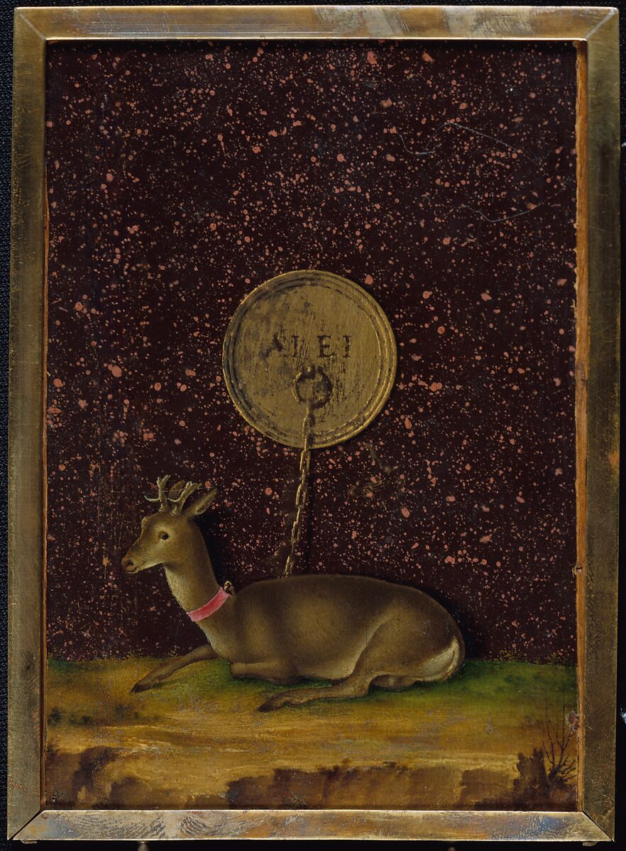 Portrait of Alvise Contarini(?); (verso) A Tethered Roebuck, Jacometto (Jacometto Veneziano) (Italian, active Venice by ca. 1472–died before 1498), Oil on wood; verso: oil and gold on wood