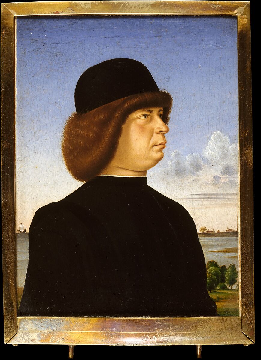 Portrait of Alvise Contarini(?); (verso) A Tethered Roebuck, Jacometto (Jacometto Veneziano) (Italian, active Venice by ca. 1472–died before 1498), Oil on wood; verso: oil and gold on wood