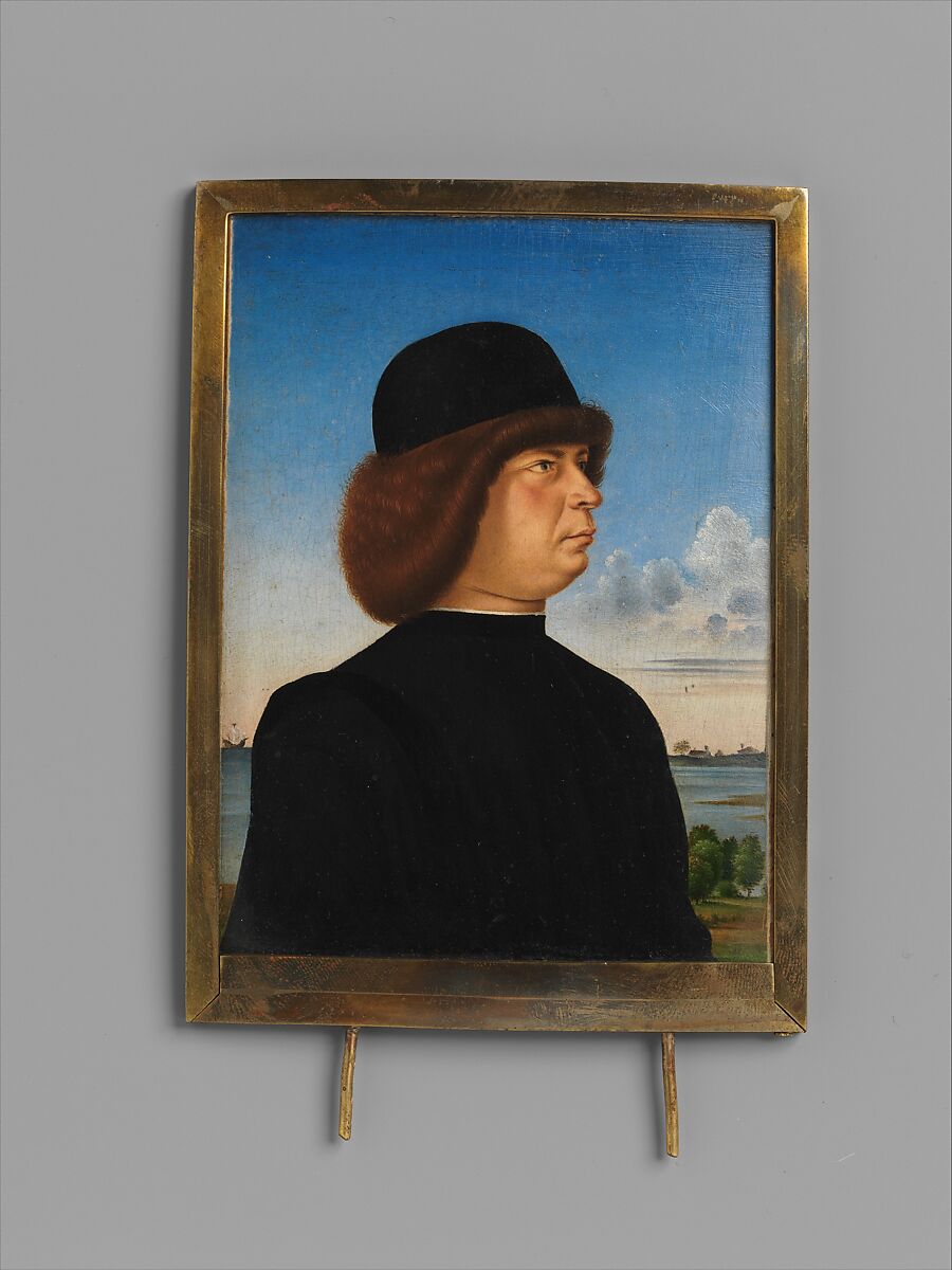 Portrait of Alvise Contarini(?); (verso) A Tethered Roebuck, Jacometto (Jacometto Veneziano) (Italian, active Venice by ca. 1472–died before 1498), Oil on wood; verso: oil and gold on wood