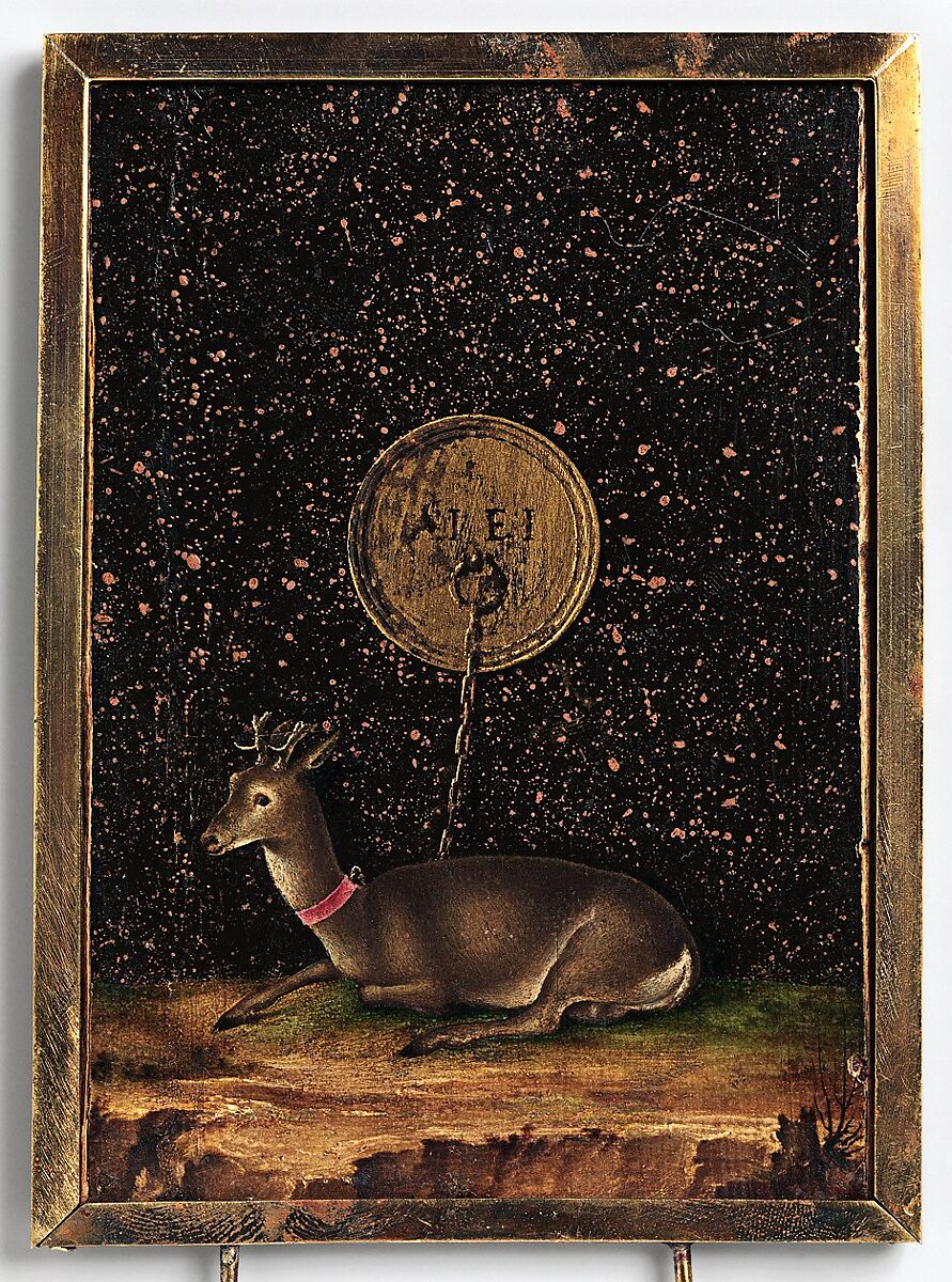 Portrait of Alvise Contarini(?); (verso) A Tethered Roebuck, Jacometto (Jacometto Veneziano) (Italian, active Venice by ca. 1472–died before 1498), Oil on wood; verso: oil and gold on wood