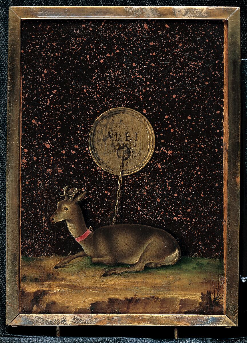 Portrait of Alvise Contarini(?); (verso) A Tethered Roebuck, Jacometto (Jacometto Veneziano) (Italian, active Venice by ca. 1472–died before 1498), Oil on wood; verso: oil and gold on wood