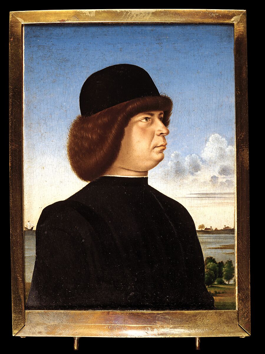 Portrait of Alvise Contarini(?); (verso) A Tethered Roebuck, Jacometto (Jacometto Veneziano) (Italian, active Venice by ca. 1472–died before 1498), Oil on wood; verso: oil and gold on wood