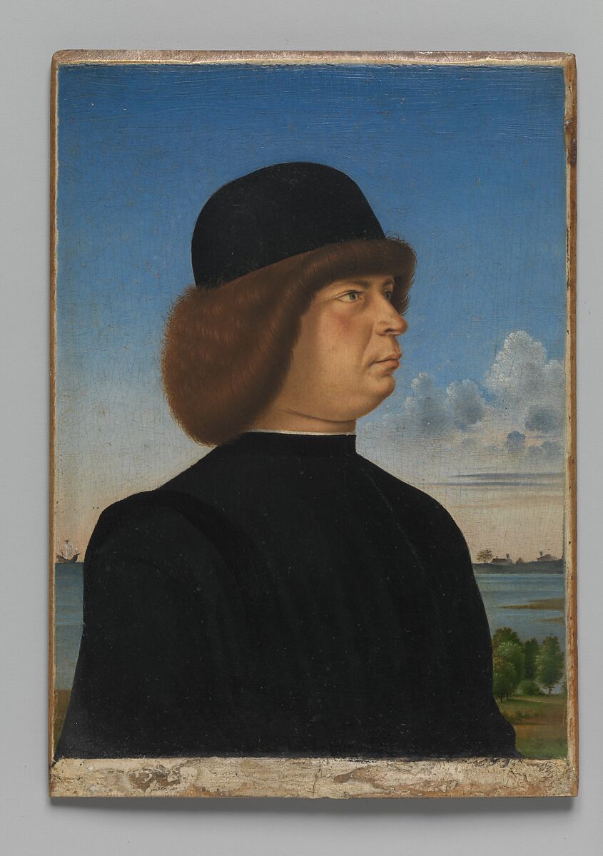 Portrait of Alvise Contarini(?); (verso) A Tethered Roebuck, Jacometto (Jacometto Veneziano)  Italian, Oil on wood; verso: oil and gold on wood