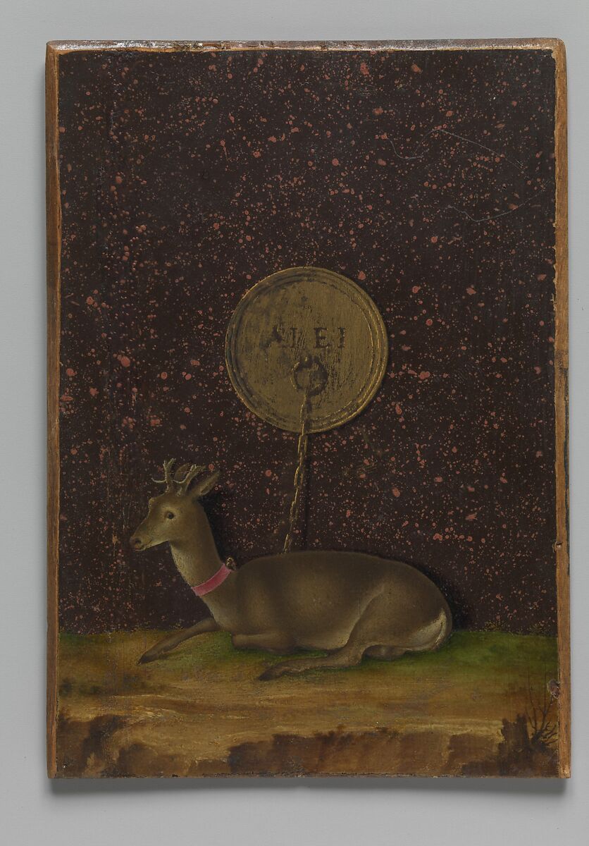 Portrait of Alvise Contarini(?); (verso) A Tethered Roebuck, Jacometto (Jacometto Veneziano) (Italian, active Venice by ca. 1472–died before 1498), Oil on wood; verso: oil and gold on wood