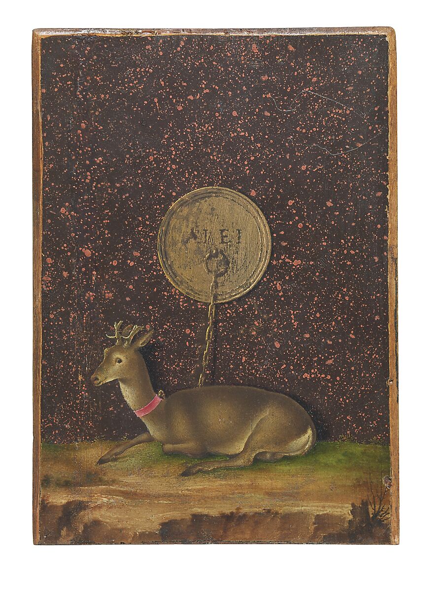 Portrait of Alvise Contarini(?); (verso) A Tethered Roebuck, Jacometto (Jacometto Veneziano) (Italian, active Venice by ca. 1472–died before 1498), Oil on wood; verso: oil and gold on wood