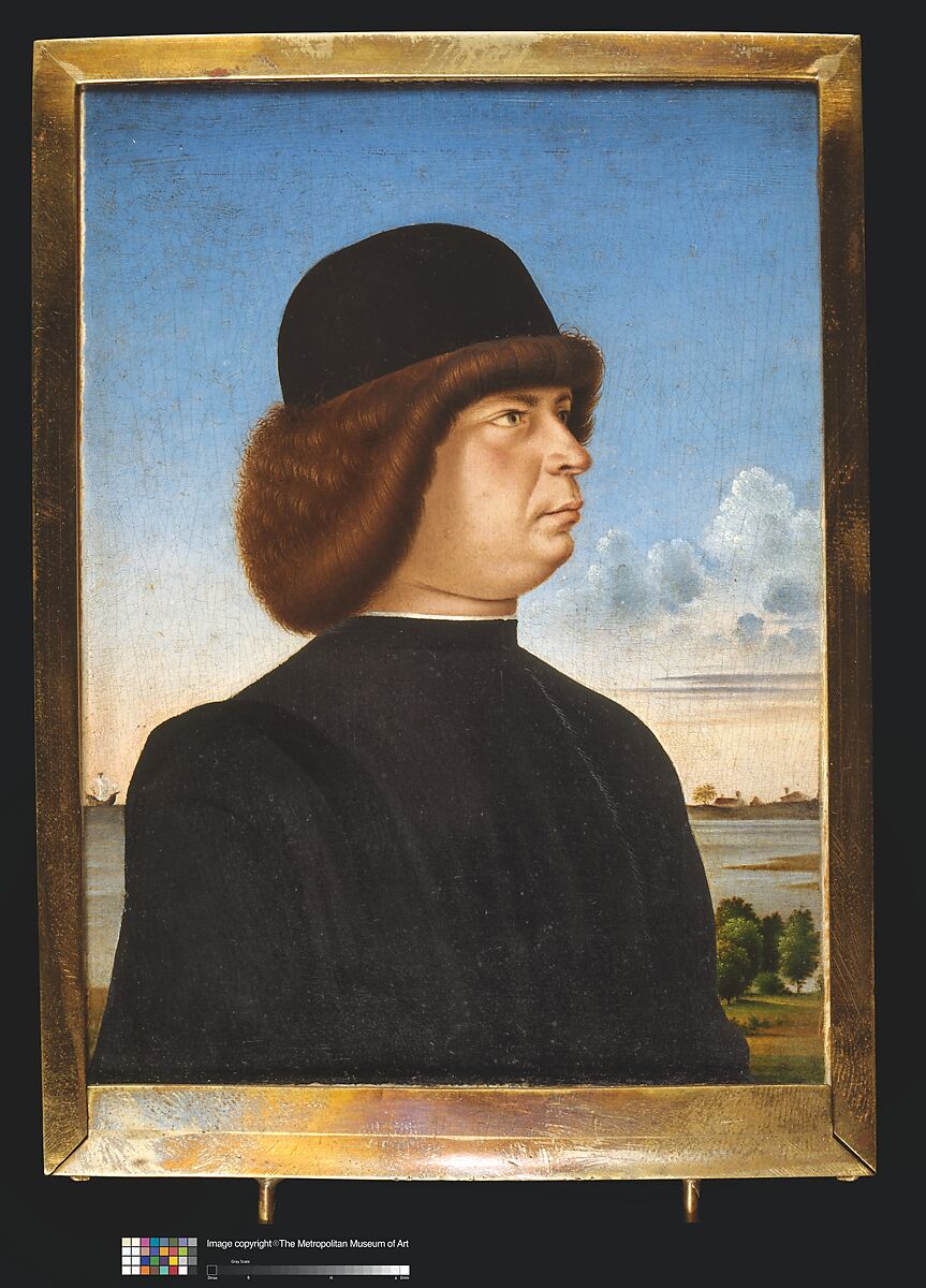 Portrait of Alvise Contarini(?); (verso) A Tethered Roebuck, Jacometto (Jacometto Veneziano) (Italian, active Venice by ca. 1472–died before 1498), Oil on wood; verso: oil and gold on wood