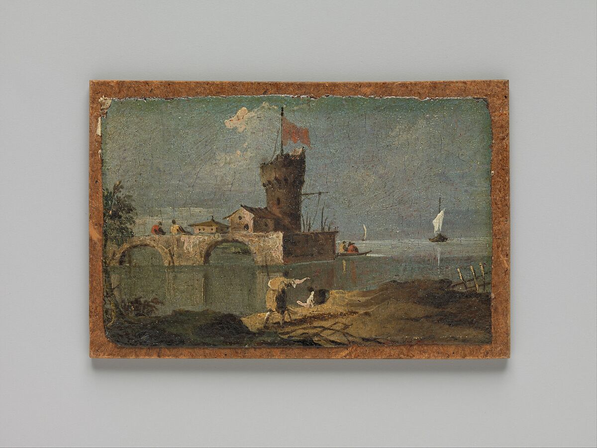 Capriccio with a Circular Tower, Two Houses, and a Bridge, Follower of Francesco Guardi (Italian, Venice 1712–1793 Venice), Oil on paper, laid down on Masonite, Italian 