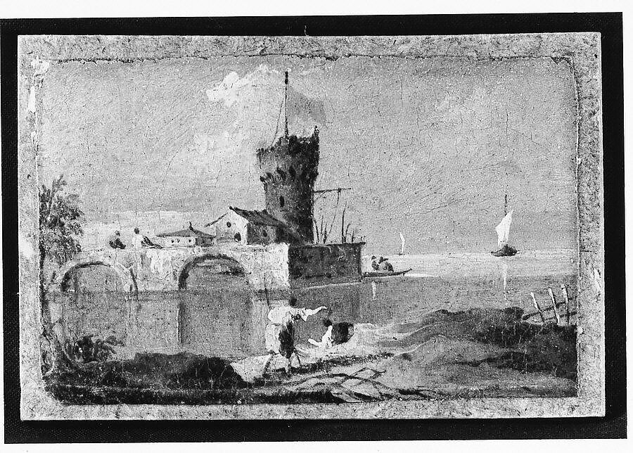 Capriccio with a Circular Tower, Two Houses, and a Bridge, Follower of Francesco Guardi (Italian, Venice 1712–1793 Venice), Oil on paper, laid down on Masonite, Italian