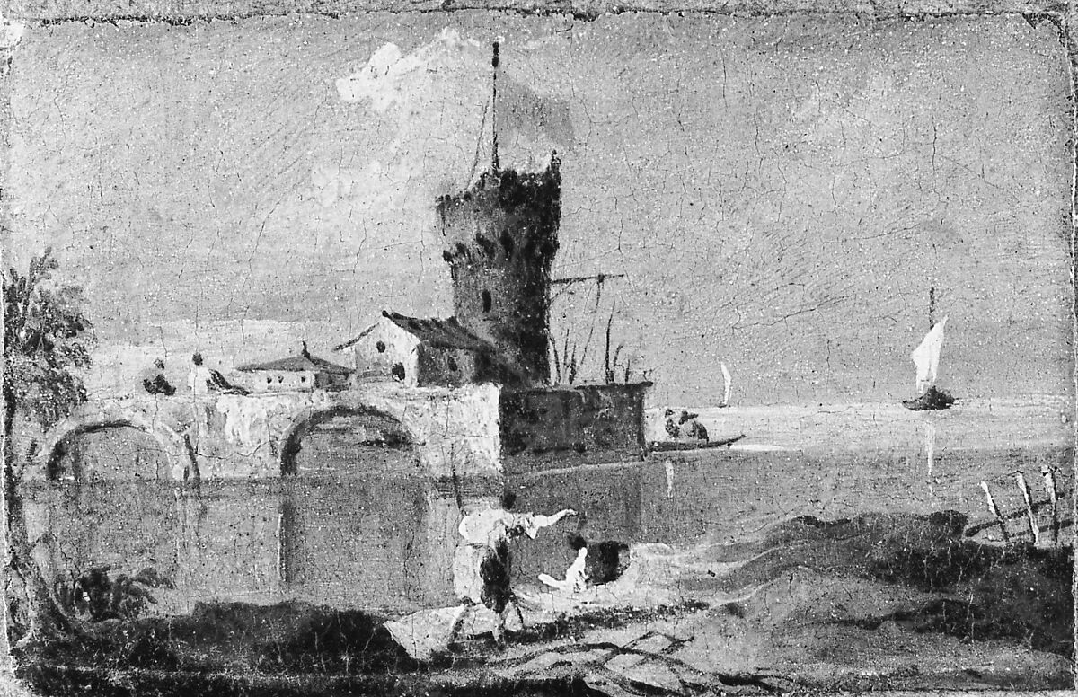 Capriccio with a Circular Tower, Two Houses, and a Bridge, Follower of Francesco Guardi (Italian, Venice 1712–1793 Venice), Oil on paper, laid down on Masonite, Italian