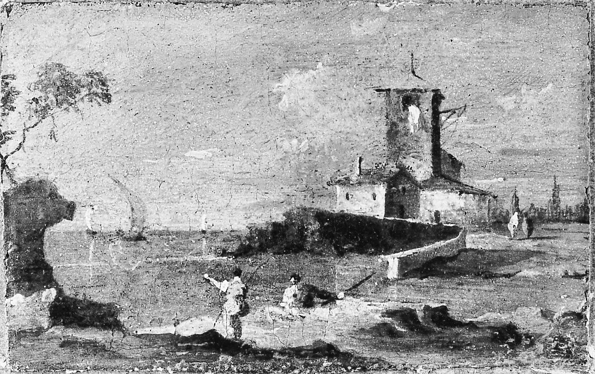 Capriccio with a Square Tower and Two Houses, Follower of Francesco Guardi (Italian, Venice 1712–1793 Venice), Oil on paper, laid down on Masonite, Italian