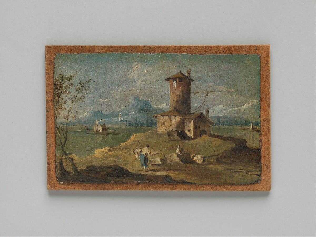 Capriccio with an Island, a Tower, and Houses, Follower of Francesco Guardi (Italian, Venice 1712–1793 Venice), Oil on paper, laid down on Masonite, Italian 
