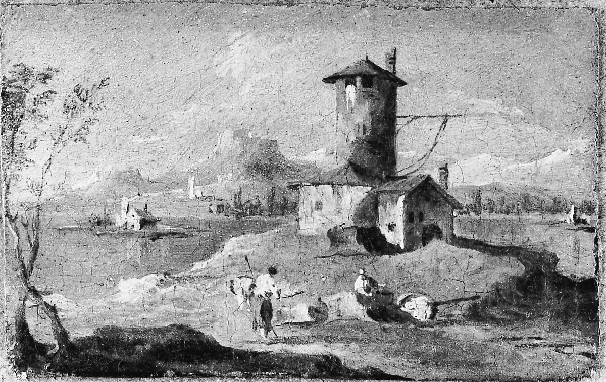 Capriccio with an Island, a Tower, and Houses, Follower of Francesco Guardi (Italian, Venice 1712–1793 Venice), Oil on paper, laid down on Masonite, Italian