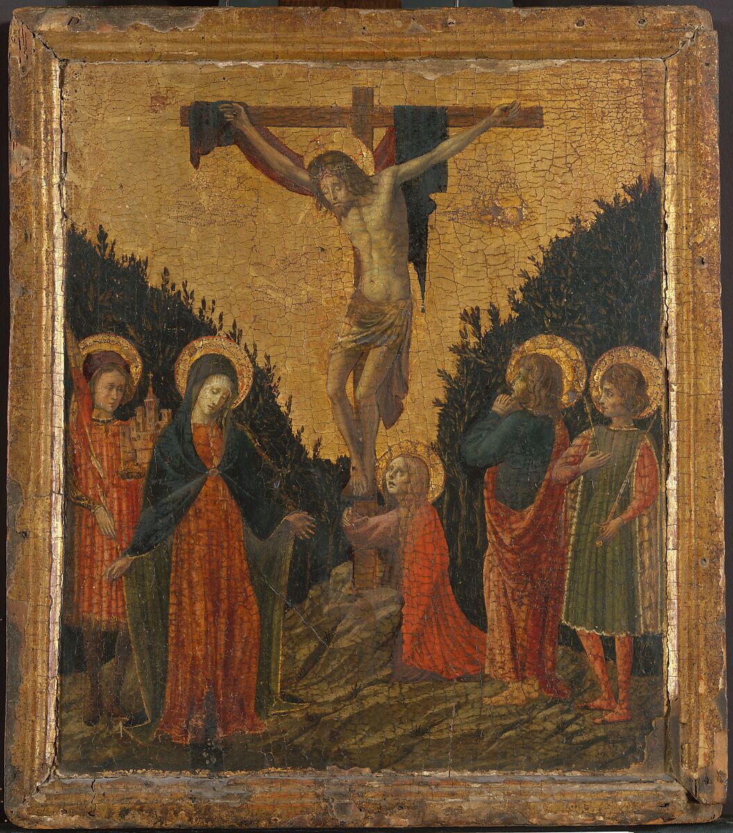 Christ on the Cross with the Virgin, Saint John the Evangelist, Saint Mary Magdalen, and Two Male Saints, Italian Painter, of uncertain date, Tempera on wood, gold ground, unknown (Italian style) 