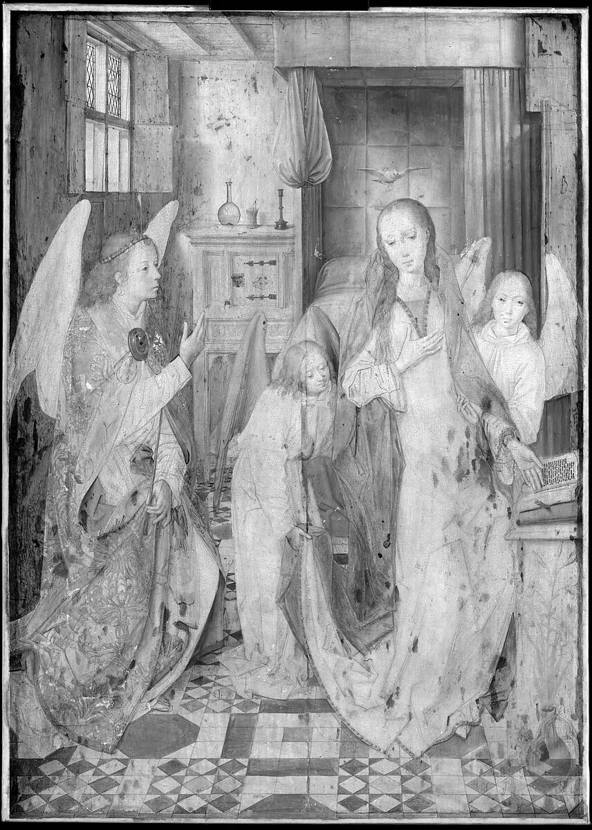 The Annunciation, Hans Memling (Netherlandish, Seligenstadt, active by 1465–died 1494 Bruges), Oil on panel, transferred to canvas