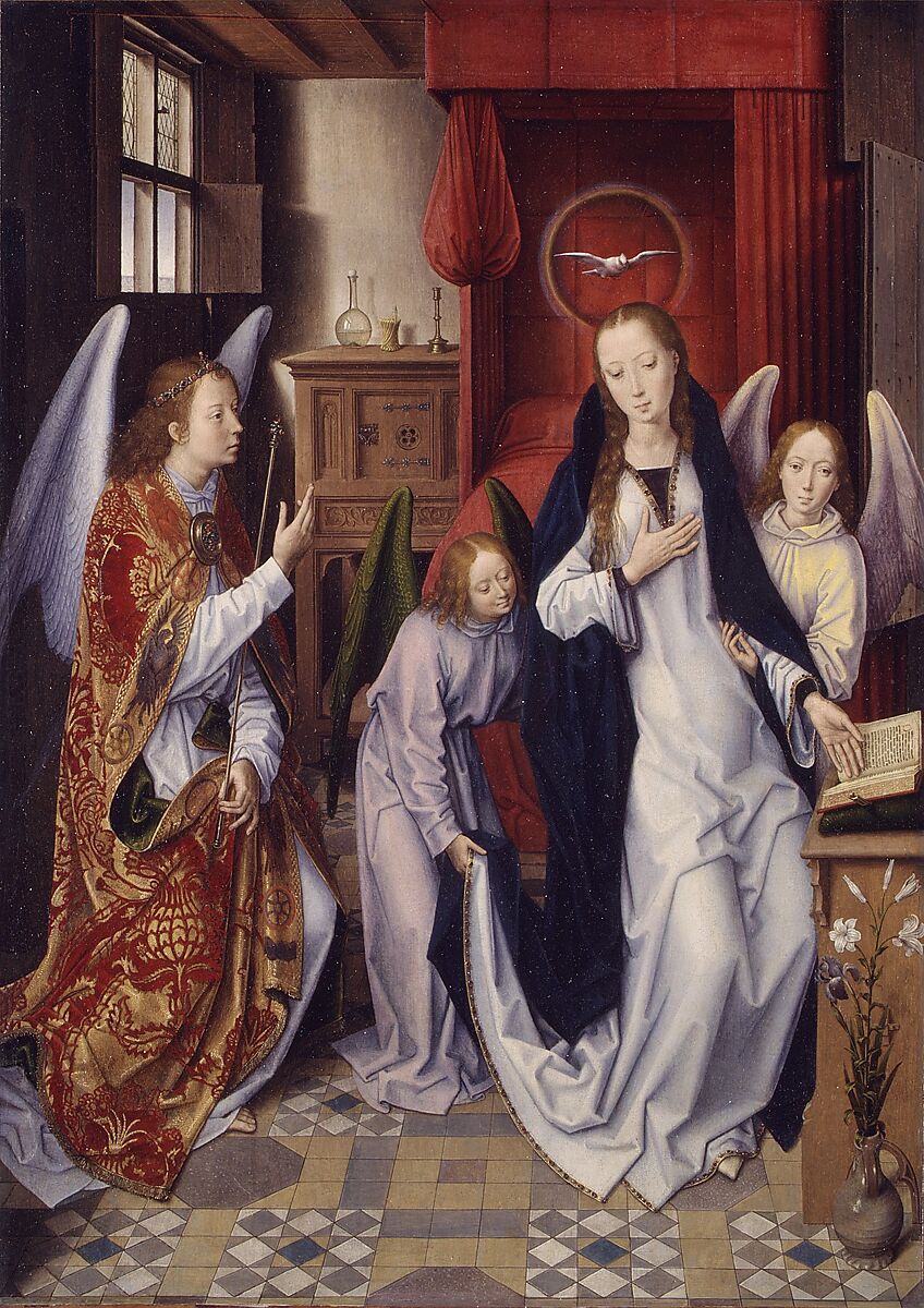 The Annunciation, Hans Memling (Netherlandish, Seligenstadt, active by 1465–died 1494 Bruges), Oil on panel, transferred to canvas
