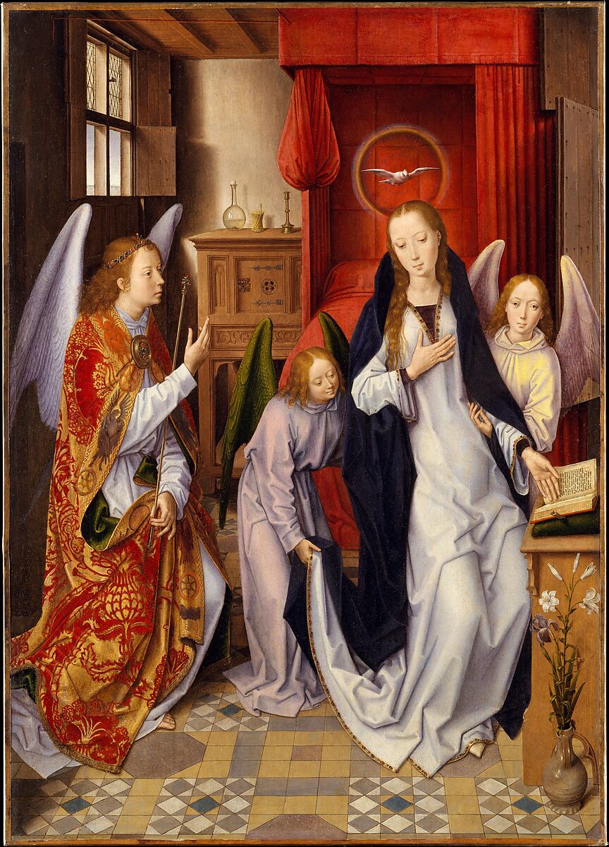 The Annunciation, Hans Memling (Netherlandish, Seligenstadt, active by 1465–died 1494 Bruges), Oil on panel, transferred to canvas 