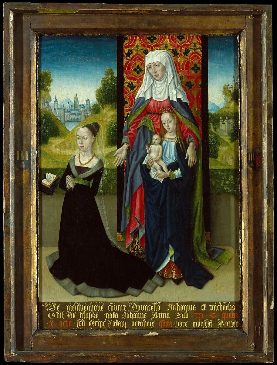 Virgin and Child with Saint Anne Presenting Anna van Nieuwenhove, Master of the Saint Ursula Legend (Netherlandish, active late 15th century), Oil on panel, Netherlandish 