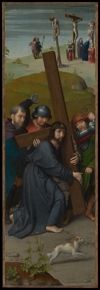 Christ Carrying the Cross, with the Crucifixion; The Resurrection, with the Pilgrims of Emmaus, Gerard David (Netherlandish, Oudewater ca. 1455–1523 Bruges), Oil on oak panel