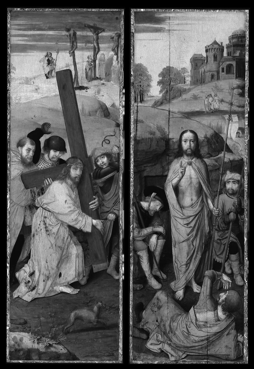 Christ Carrying the Cross, with the Crucifixion; The Resurrection, with the Pilgrims of Emmaus, Gerard David (Netherlandish, Oudewater ca. 1455–1523 Bruges), Oil on oak panel