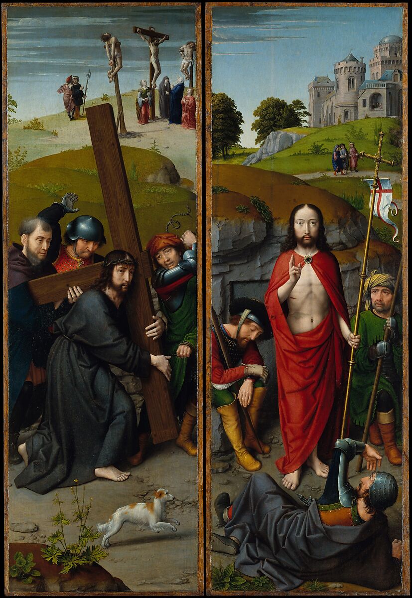 Christ Carrying the Cross, with the Crucifixion; The Resurrection, with the Pilgrims of Emmaus, Gerard David (Netherlandish, Oudewater ca. 1455–1523 Bruges), Oil on oak panel 
